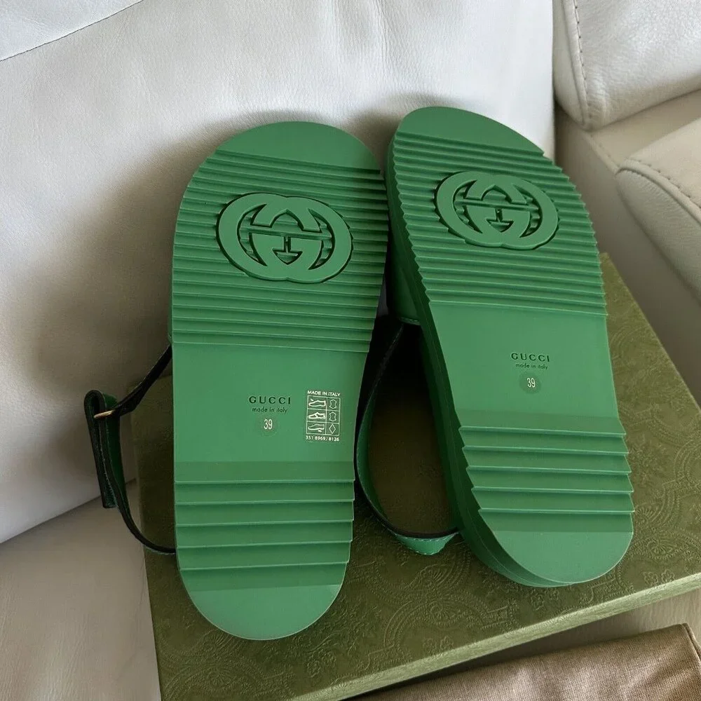 NEW GUCCI WOMENS SANDALS SLINGBACK LOGO GG GREEN SZ 39 - Picture 4 of 7